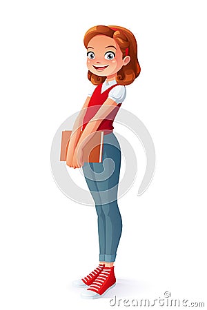 Vector cute smiling young school student girl standing with book. Vector Illustration