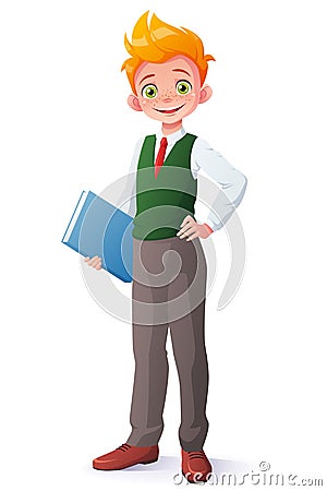 Vector cute smiling young student redhead boy in school uniform. Vector Illustration