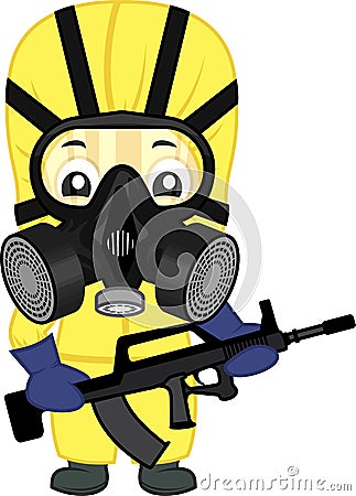 Vector cute soldier in virus protection suit with gas mask and assault rifle Vector Illustration