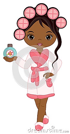 Vector Cute Spa Black Girl with Rollers. Vector Spa Girl Vector Illustration