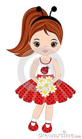 Beautiful Girl Wearing Ladybug Antenna Headband. Vector Ladybug Girl Vector Illustration