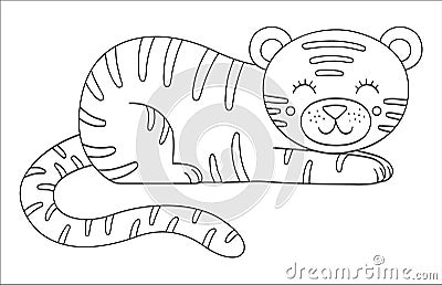Vector cute tiger outline. Funny tropical exotic animal black and white illustration. Fun coloring page for children. Jungle Vector Illustration