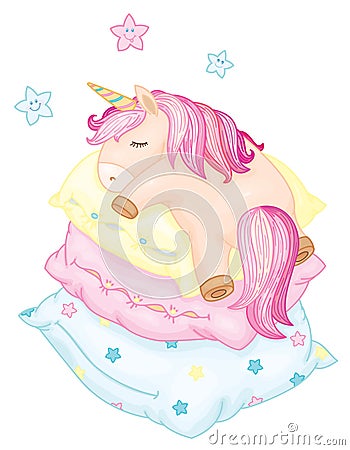 Vector cute, unicorn cartoon sleeping on pillows. Vector Illustration