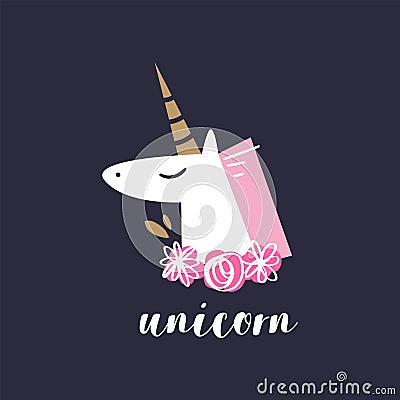 Vector cute unicorn head illustration, card and t-shirt design Cartoon Illustration