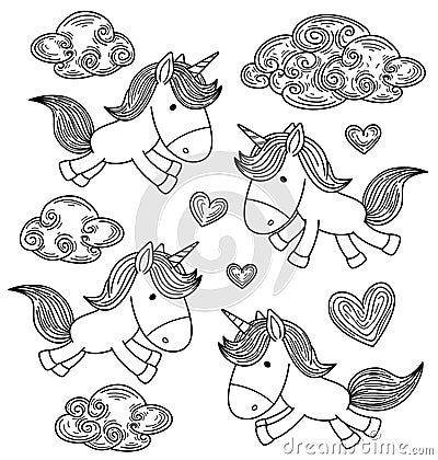 Vector cute unicorns with clouds and heart elements. Vector Illustration