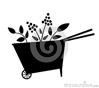 Vector cute wheel barrow silhouette icon isolated on white background. Flat spring garden tool illustration. Funny gardening Vector Illustration