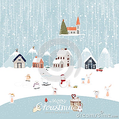 Vector cute Winter wonderland at countryside with snow falling, rabbit ,polar bear playing ice skate in the park, people skiing on Stock Photo