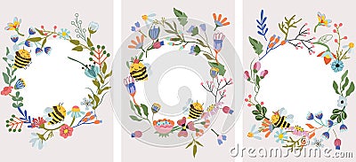 Vector cute wreaths with wildflowers flowering and honey bees. Composition for your greeting cards, wedding, postcard Vector Illustration