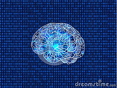 Vector Cyber Mind Illustration, Binary Code Background and Glowing Brain, Matrix Data Backdrop. Vector Illustration