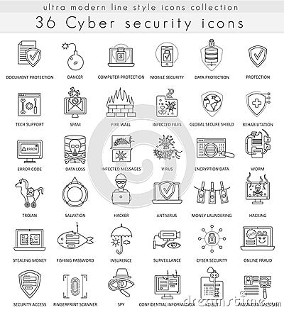 Vector Cyber security technology ultra modern outline line icons for web and apps. Vector Illustration