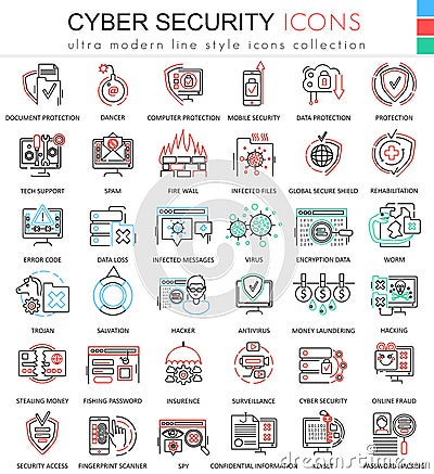 Vector Cyber security ultra modern color outline line icons for apps and web design. Vector Illustration