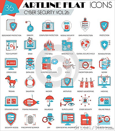 Vector Cyber security ultra modern outline artline flat line icons for web and apps. Vector Illustration