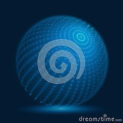 Vector cyber sphere. Blue big data sphere with binary numbers strings. Information code structure representation. Vector Illustration