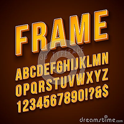 Vector 3d Alphabet Font with Frame and Shadow on Red Background. Modern Typeface Design Collection with ABC, Number and Vector Illustration