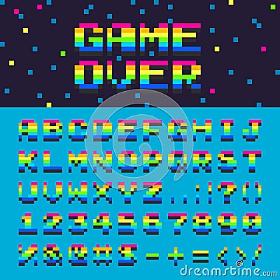 Vector 3d alphabet space rainbow oldschool font numbers digital graphic game over text illustration Vector Illustration