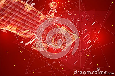 vector 3d background. communication satellite in a volumetric triangular style. abstract caotic particle explosion Vector Illustration