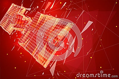 vector 3d background. communication satellite in a volumetric triangular style. abstract caotic particle explosion Vector Illustration