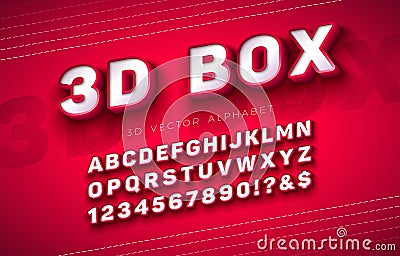 Vector 3d Box Alphabet Font Set with Frame and Shadow on Red Background. Modern Typeface Design Collection with ABC Vector Illustration