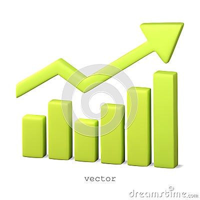 Vector 3D chart up with arrow, infographics element. Growth chart with Green arrow of trend. Realistic 3d design. Vector Vector Illustration