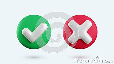 Vector 3d checkmarks icon set. Round glossy yes tick and no cross buttons with shadow. Check mark and X symbol in green Vector Illustration