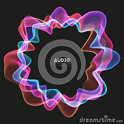 Vector 3d echo audio circular wavefrom spectrum. Abstract music waves oscillation graph. Futuristic sound wave Vector Illustration