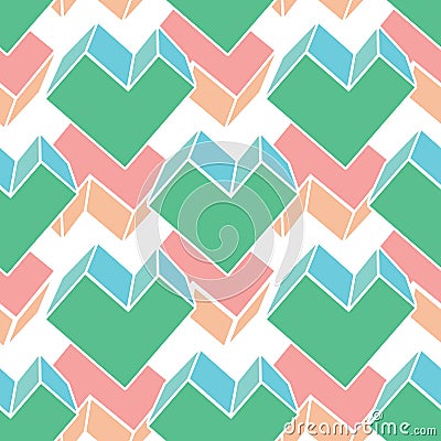 Vector 3D geometric surface seamless vector pattern with heart shapes abstract paneling decor background in green and Vector Illustration