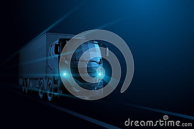 Vector 3d heavy Truck. Highway road. Delivery transport, cargo logistic concept. Vector Illustration