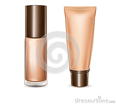 Vector 3d illustration tube and bottle with foundation cream in realistic style on white Vector Illustration