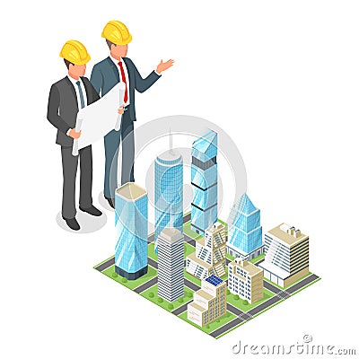 Vector 3d isometric concept of businessman or engeneer in hard h Vector Illustration