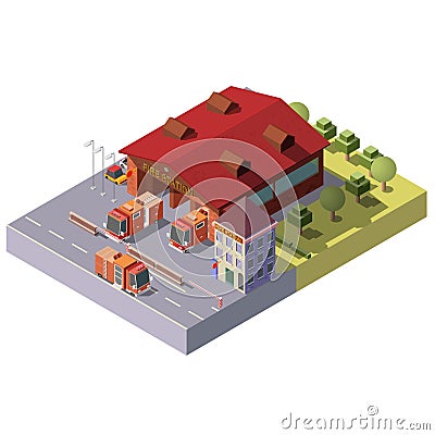 Vector 3d isometric fire station. Municipal service Vector Illustration