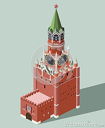 Vector 3d isometric icon of Spasskaya Tower of Moscow Kremlin with flat style colored background and shadow Vector Illustration