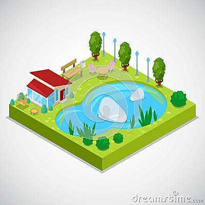 Vector 3d isometric illustration of country cottage with green grass, pond, trees, bench, table and chairs. Vacation Vector Illustration