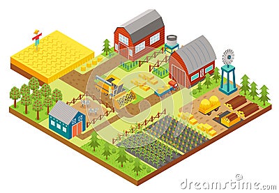 Vector 3d isometric rural farm with mill, garden field, trees, tractor combine harvester, house, windmill and warehouse Vector Illustration