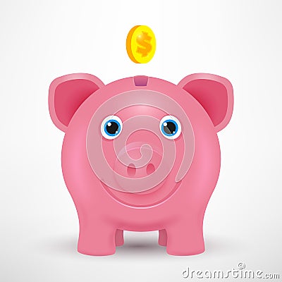 Vector 3d piggy bank. Golden coin. Business vector illustration. Piggy bank isolated with shadow. Vector piggy toy. Smile pig. Vector Illustration