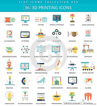 Vector 3D printing flat icon set. Elegant style design. Vector Illustration