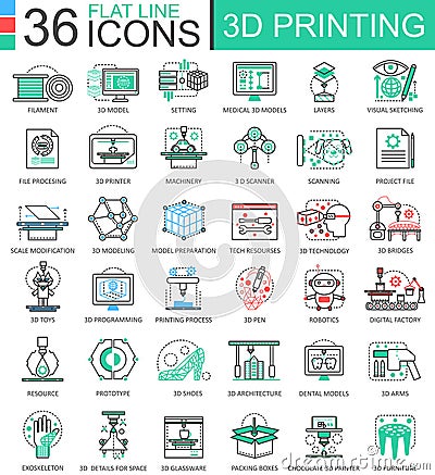 Vector 3D printing technology flat line outline icons for apps and web design. 3D printing icon. Vector Illustration