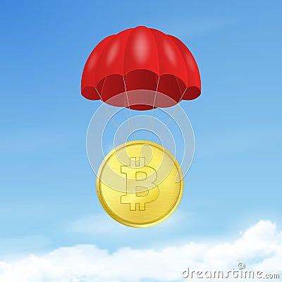 Vector 3d Realistic Bitcoin with Red Parachute in Sky. Rising Price of Bitcoin, Web banner of Blockchain Technology Stock Photo