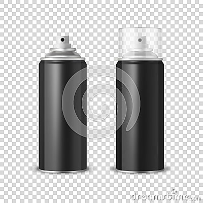 Vector 3d Realistic Black Aluminum Blank Spray Can, Bottle, Transparent Lid Set Isolated. Design Template, Sprayer Can Vector Illustration