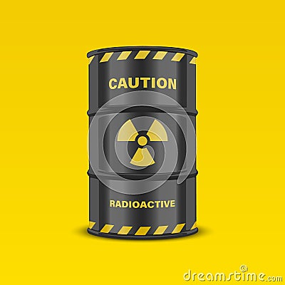Vector 3d Realistic Black Barrel on Yellow Background, Hazard Liquid. Caution, Radioactive, Hazardous Chemical Materials Vector Illustration