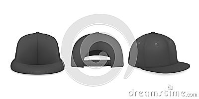 Vector 3d Realistic Black Blank Baseball Cap, Snapback Cap Icon Set Closeup Isolated on White Background. Design Vector Illustration