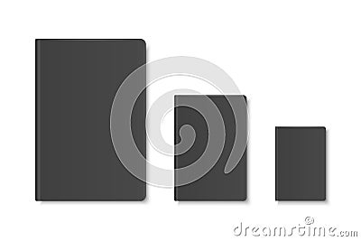 Vector 3d Realistic Black Closed Blank Paper Notebook, Diary, Book Set Isolated on White Background. A4, A5, A6, A7 Vector Illustration