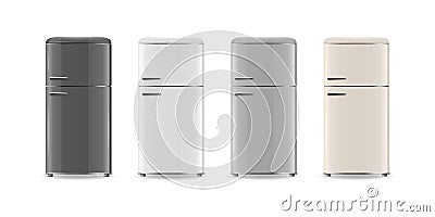 Vector 3d Realistic Black, White, Gray, Beige Fridge Icon Set Isolated. Vertical Refrigerators. Closed Fridges. Design Vector Illustration