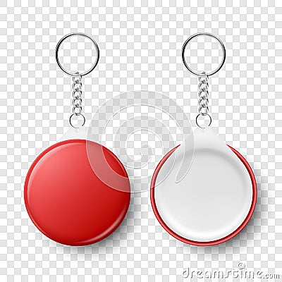Vector 3d Realistic Blank Red Round Keychain with Ring and Chain for Key Isolatede. Button Badge with Ring. Plastic Vector Illustration