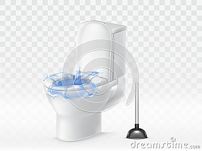 Vector 3d realistic clogged toilet bowl, plunger Vector Illustration