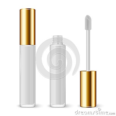 Vector 3d Realistic Closed, Opened White Lip Gloss, Lipstick Package, Golden Cap Set Isolated. Glass Container, Tube Vector Illustration