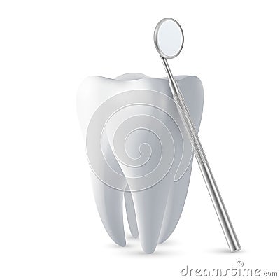 Vector 3d Realistic Dental Inspection Mirror for Teeth with Tooth Icon Closeup Isolated on White Background. Medical Vector Illustration