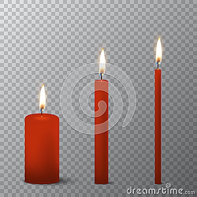 Vector 3d realistic different red paraffin or wax burning party candle icon set closeup isolated on transparency grid Vector Illustration