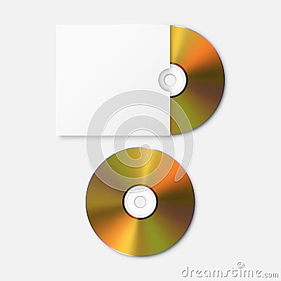 Vector 3d Realistic Golden CD, DVD with Paper, Plastic Cover, Envelope, Case Set Isolated. CD Box, Packaging Design Vector Illustration