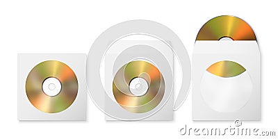 Vector 3d Realistic Golden CD, DVD with Paper, Plastic Cover, Envelope, Case with Transparent Window Set Isolated. CD Vector Illustration