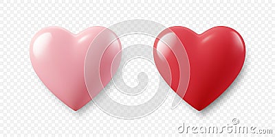 Vector 3d Realistic Heart Shape Closeup Isolated. Romantic Red and Pink Glossy Heart Shape Set for Valentine's Day Vector Illustration